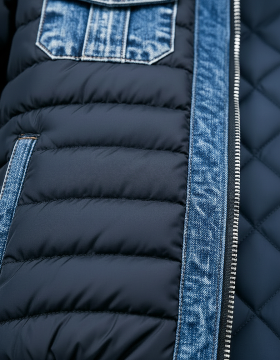 Veste Puffer Hybride en Denim à Col Montant pour Homme