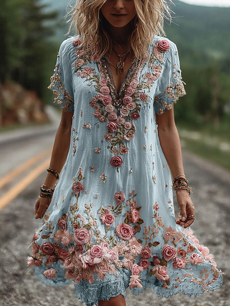 Robe à Col V et Broderie Florale pour Femme