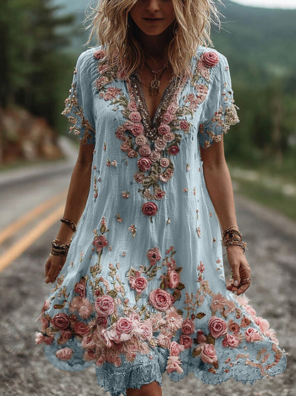 Robe à Col V et Broderie Florale pour Femme