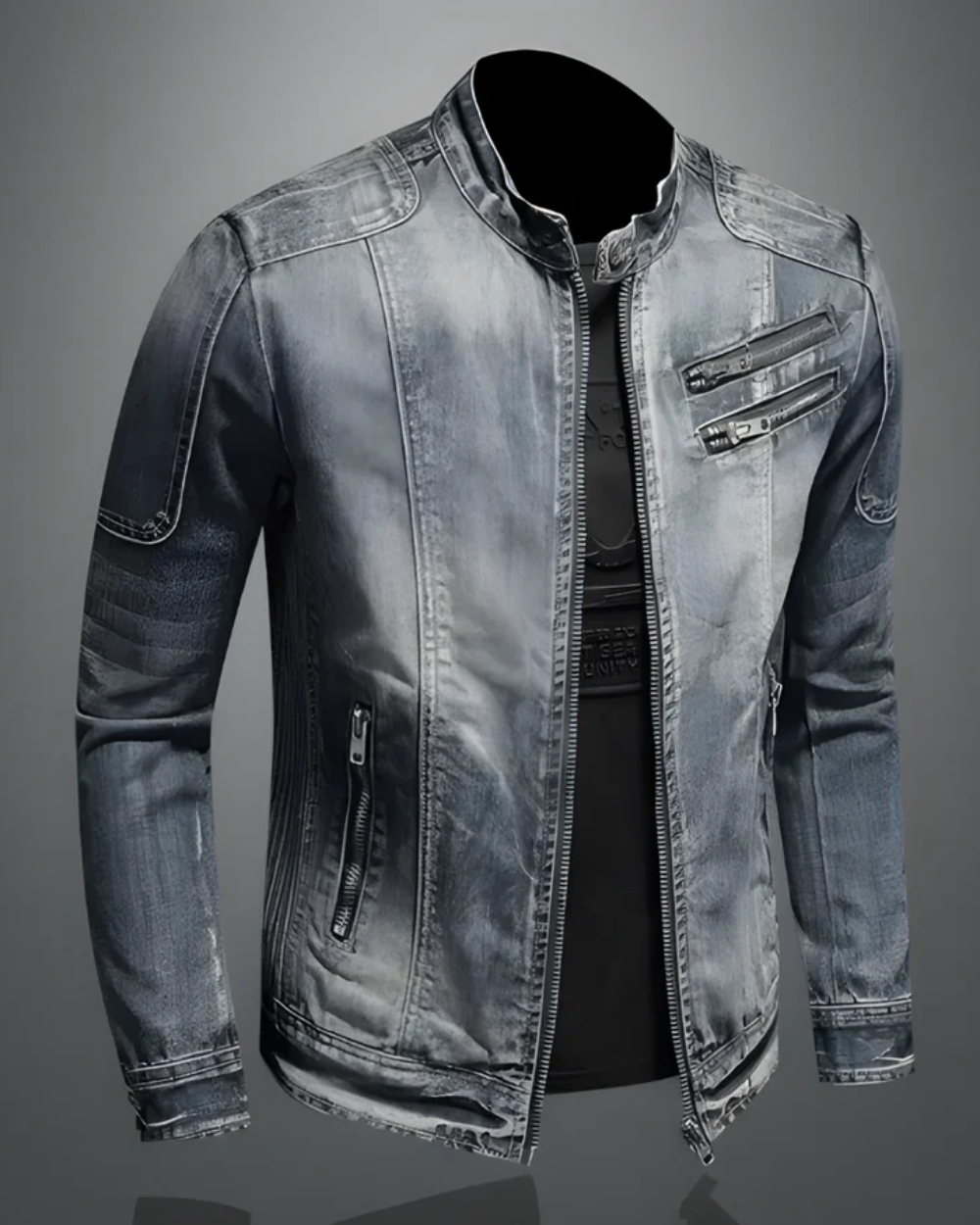 Veste en Jean Délavé à Col Montant pour Homme