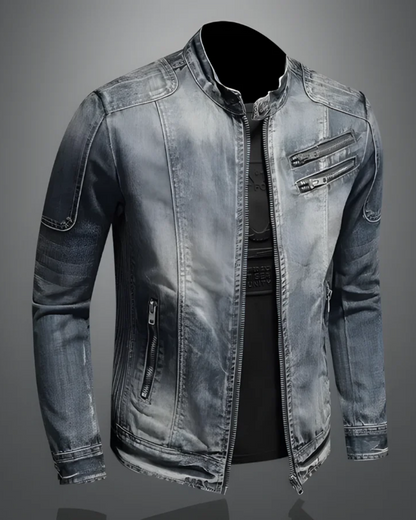 Veste en Jean Délavé à Col Montant pour Homme