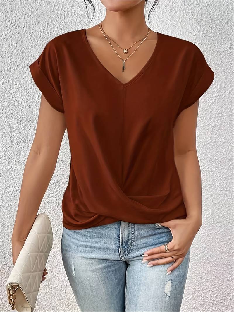 T-shirt en Coton à Col V et Manches Courtes pour Femme