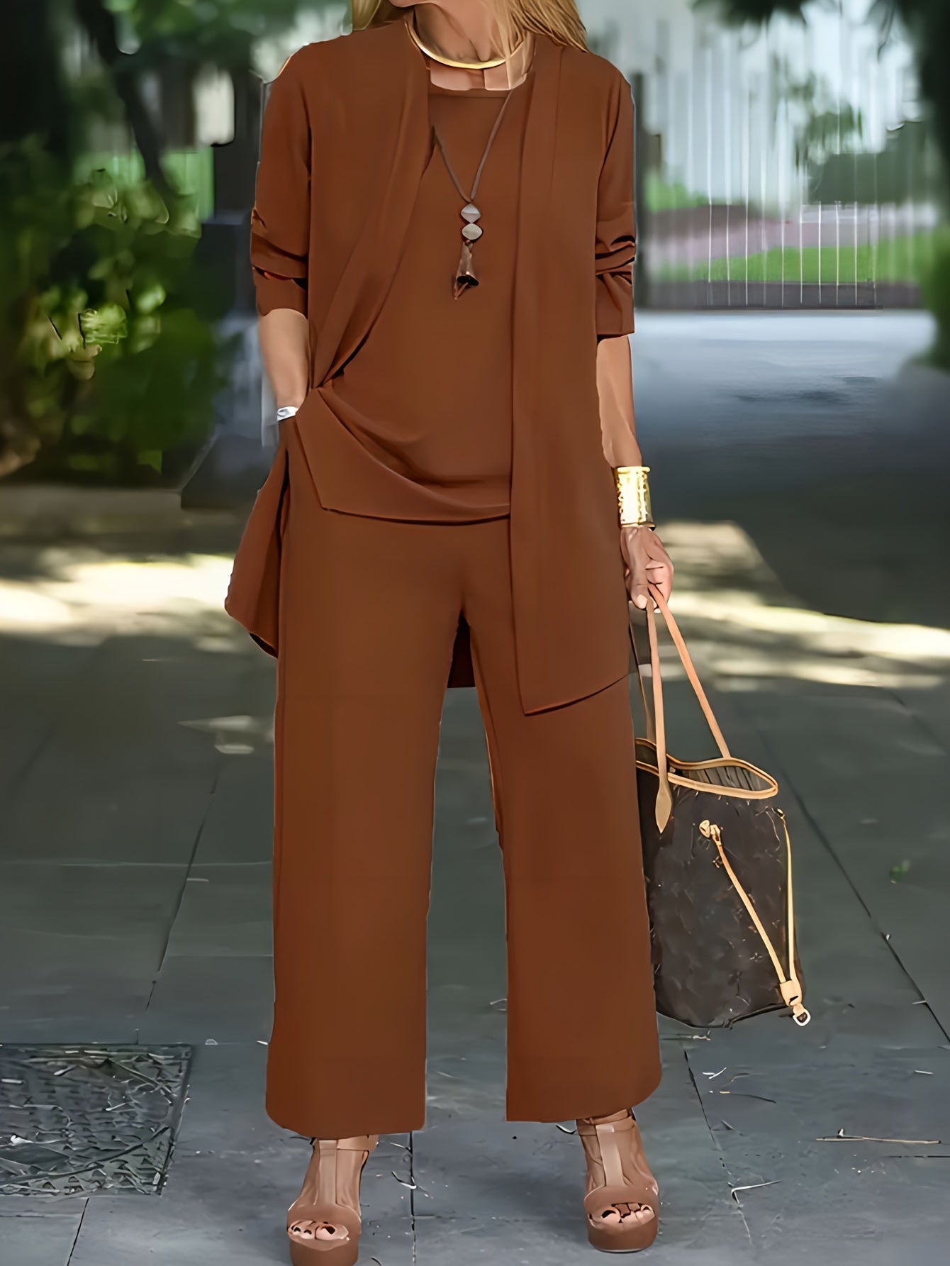 Ensemble Trois Pièces à Veste Ouverte et Pantalon Large pour Femme