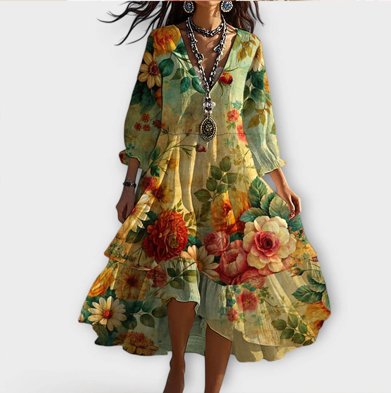 Robe Bohème Fleurie à Col V et Ourlet Asymétrique pour Femme
