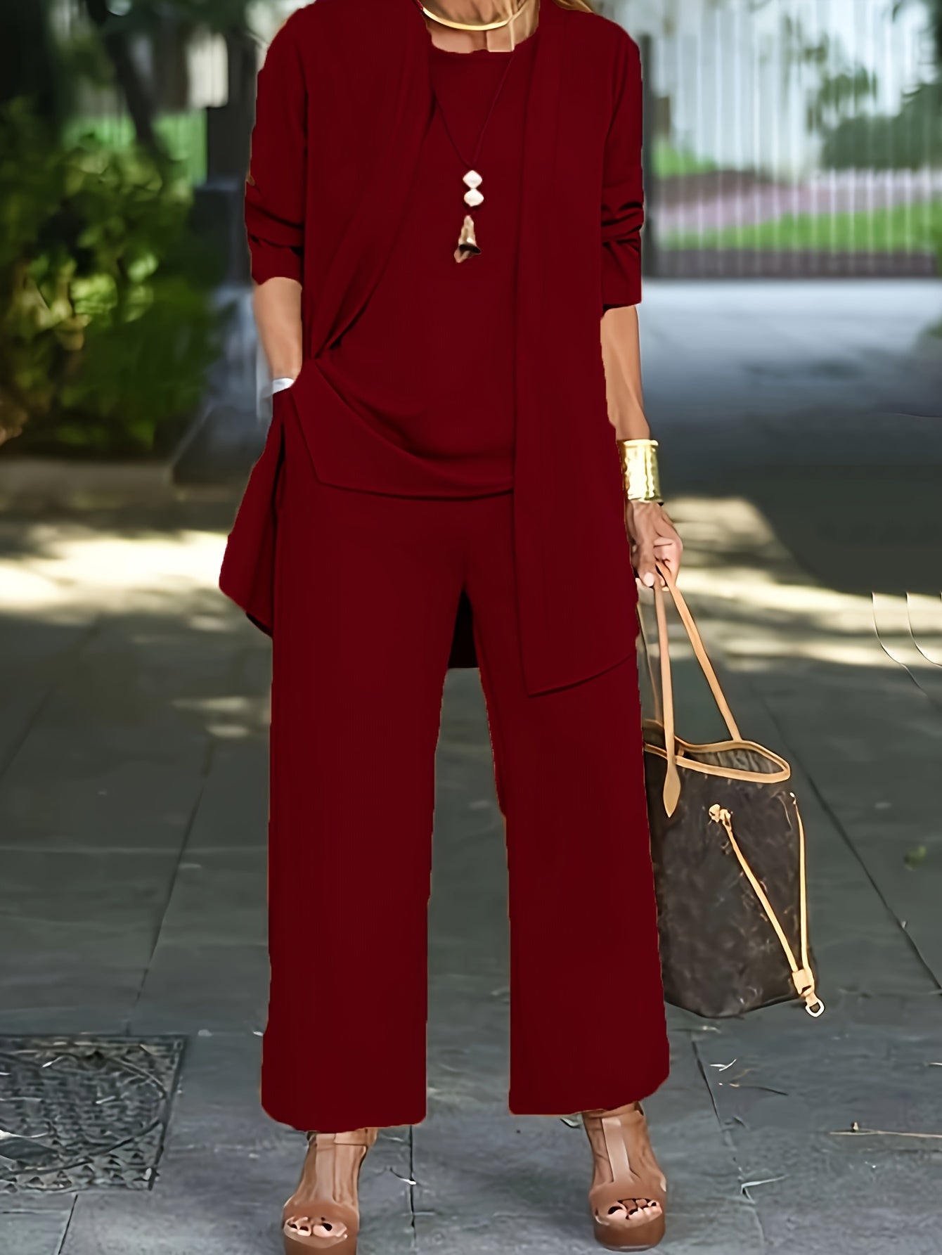 Ensemble Trois Pièces à Veste Ouverte et Pantalon Large pour Femme