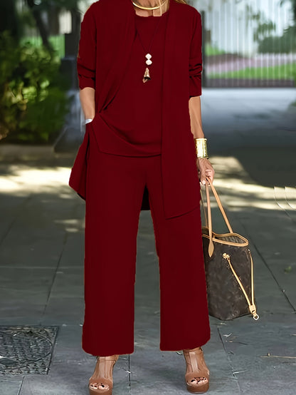 Ensemble Trois Pièces à Veste Ouverte et Pantalon Large pour Femme