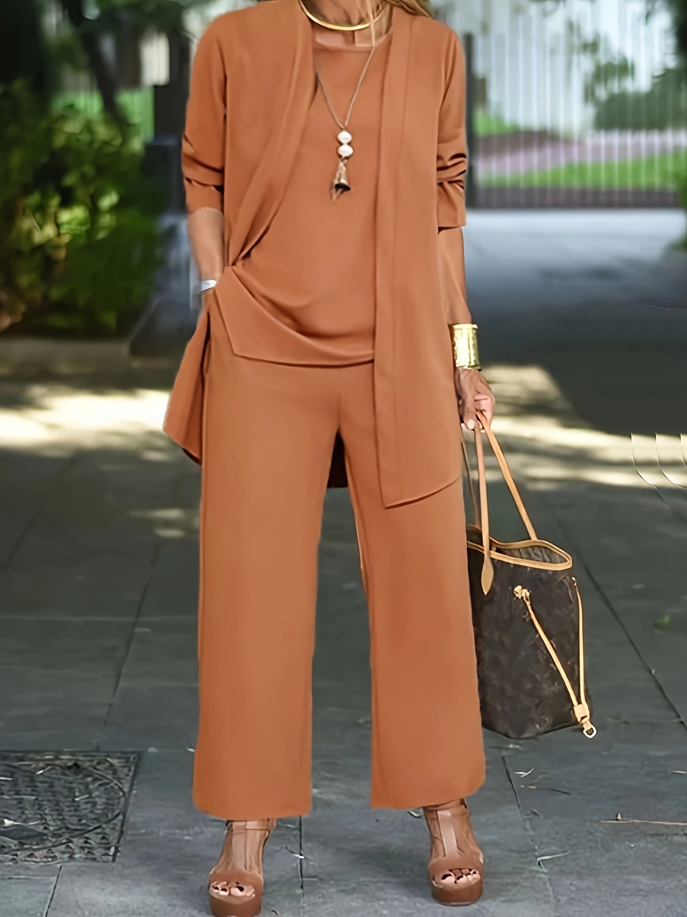 Ensemble Trois Pièces à Veste Ouverte et Pantalon Large pour Femme