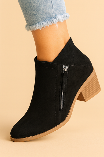 Bottines en Daim à Zip Latéral et Talon Bloc pour Femme