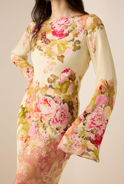 Robe Maxi Fleurie à Col Montant et Manches Longues