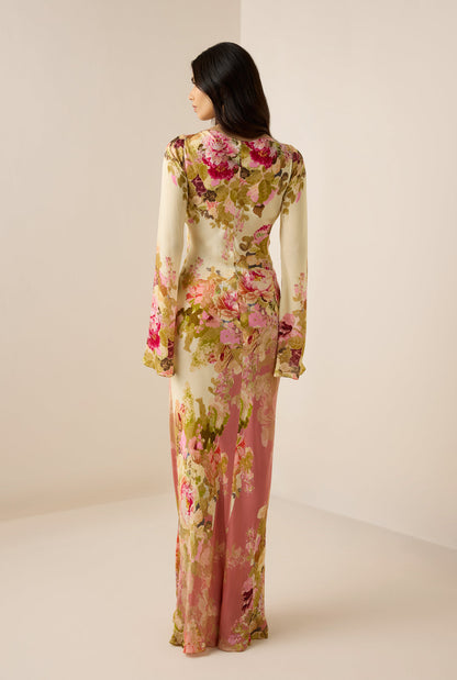 Robe Maxi Fleurie à Col Montant et Manches Longues