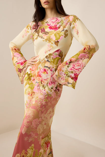 Robe Maxi Fleurie à Col Montant et Manches Longues