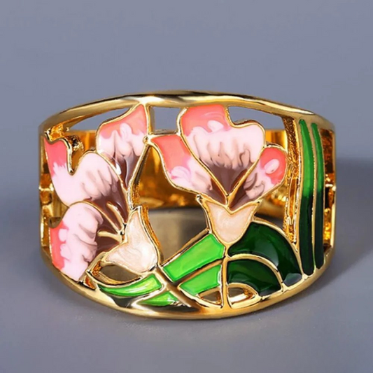 Bague Fleur en Émail Doré