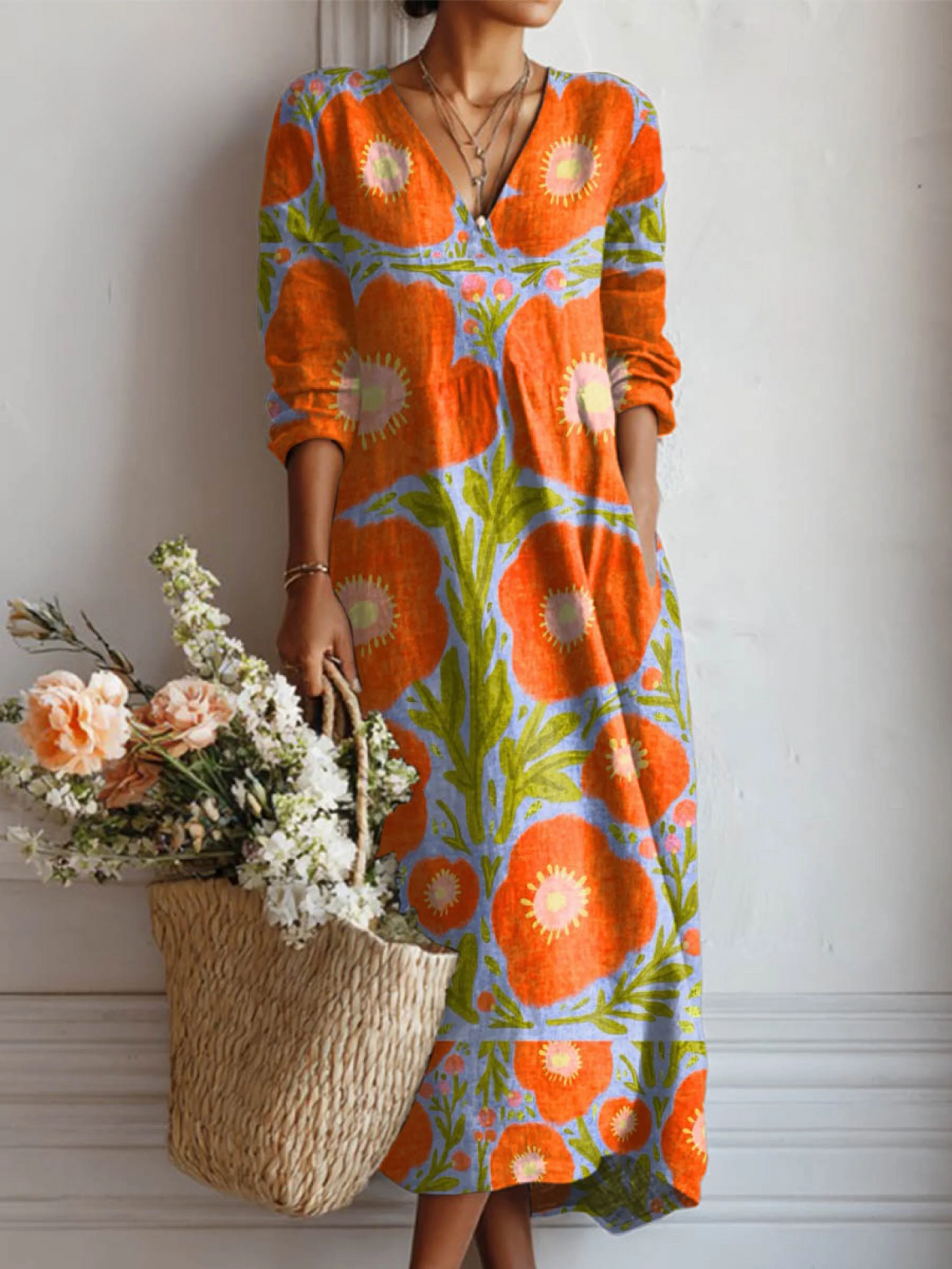 Robe Midi à Col V et Imprimé Artistique pour Femme