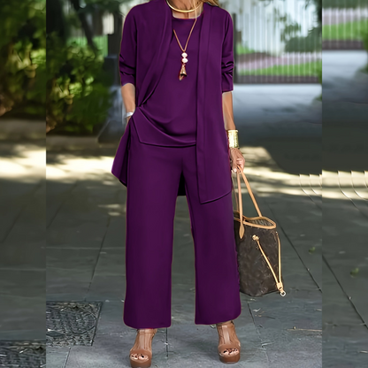 Ensemble Trois Pièces à Veste Ouverte et Pantalon Large pour Femme