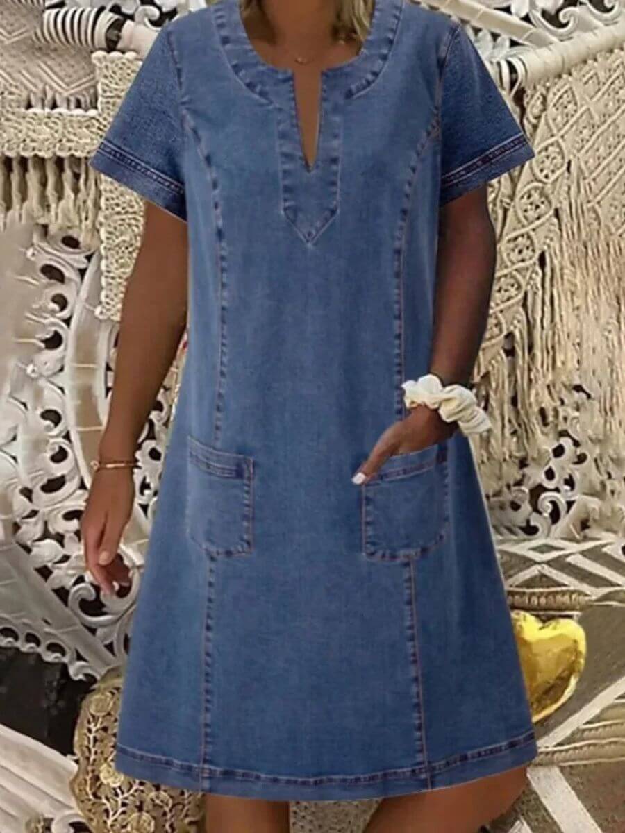 Robe en Jean d'Été à Col V et Poches pour Femme