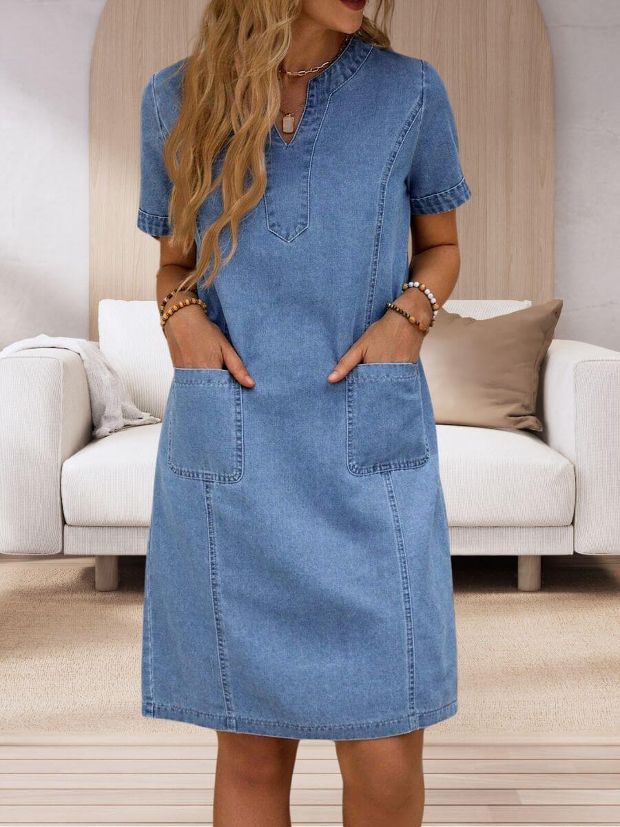 Robe en Jean d'Été à Col V et Poches pour Femme