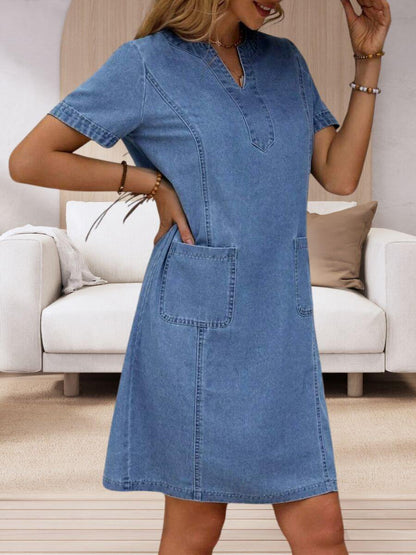 Robe en Jean d'Été à Col V et Poches pour Femme