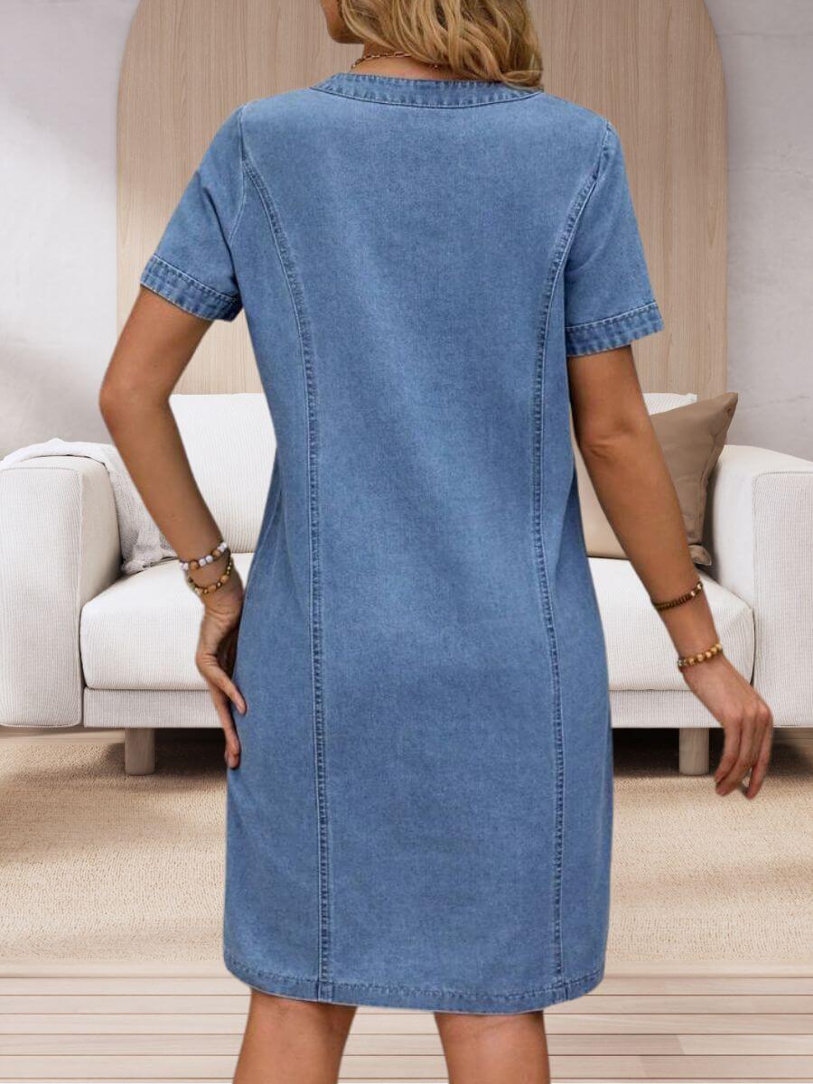Robe en Jean d'Été à Col V et Poches pour Femme