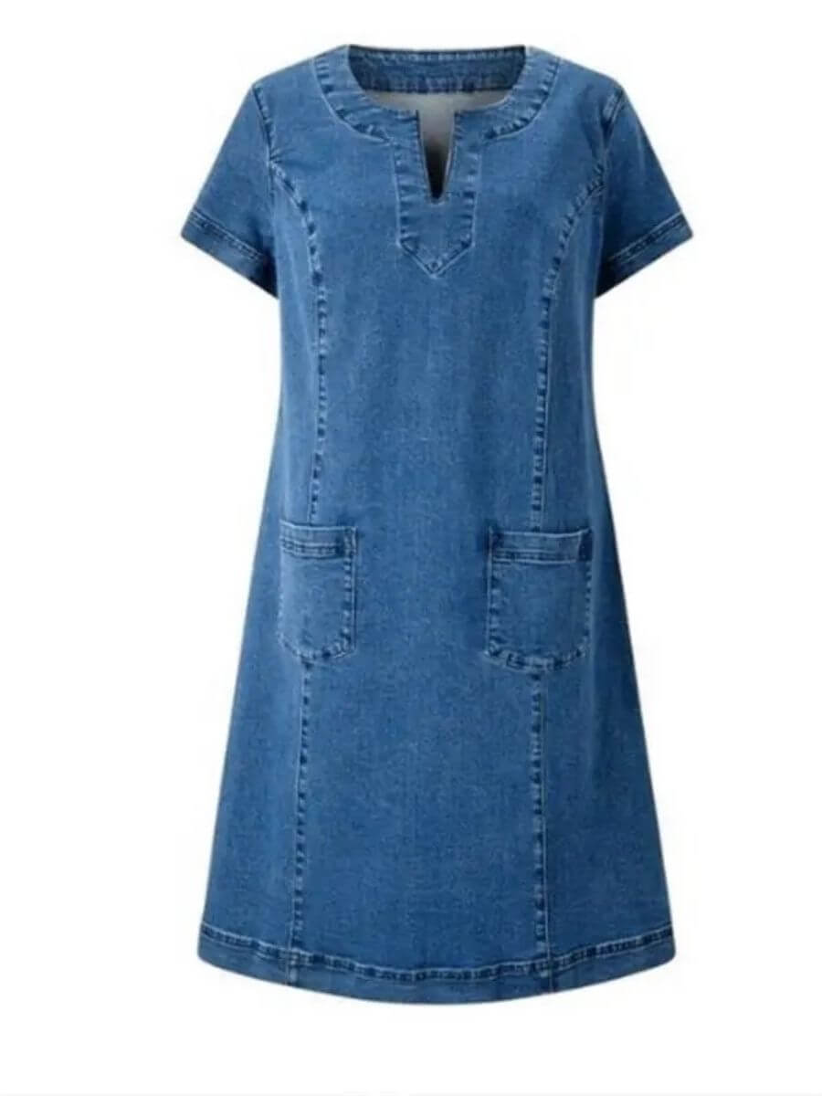 Robe en Jean d'Été à Col V et Poches pour Femme