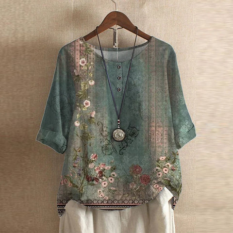 Blouse Vintage Florale à Manches 3/4 pour Femme
