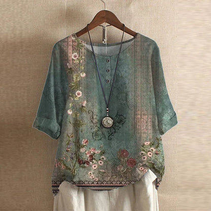 Blouse Vintage Florale à Manches 3/4 pour Femme