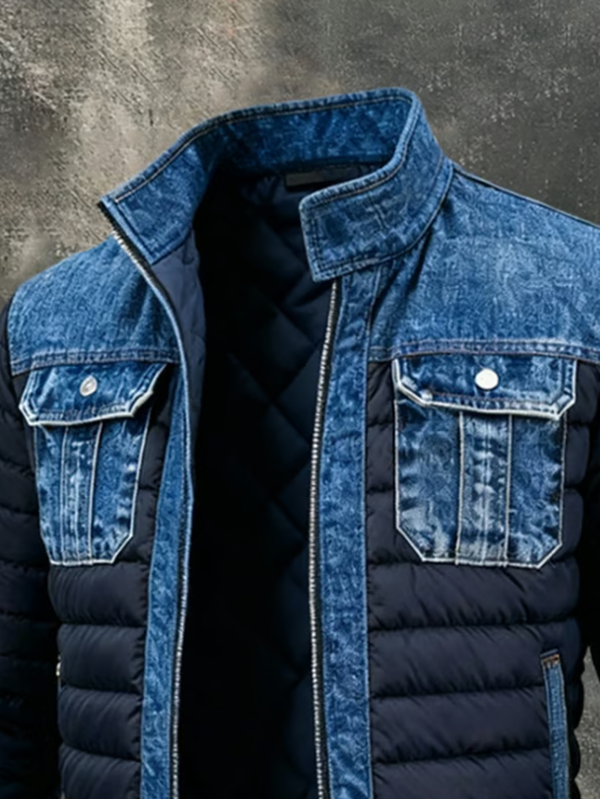 Veste Puffer Hybride en Denim à Col Montant pour Homme