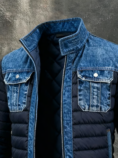 Veste Puffer Hybride en Denim à Col Montant pour Homme