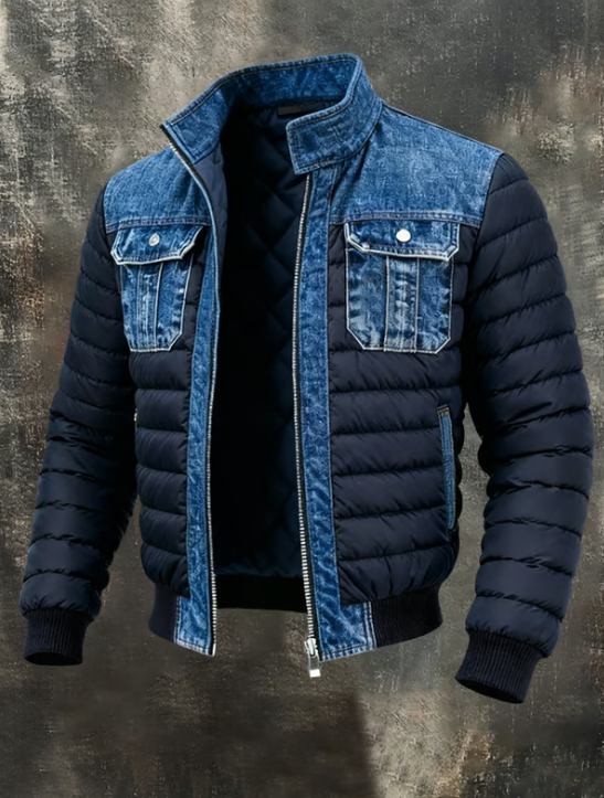 Veste Puffer Hybride en Denim à Col Montant pour Homme