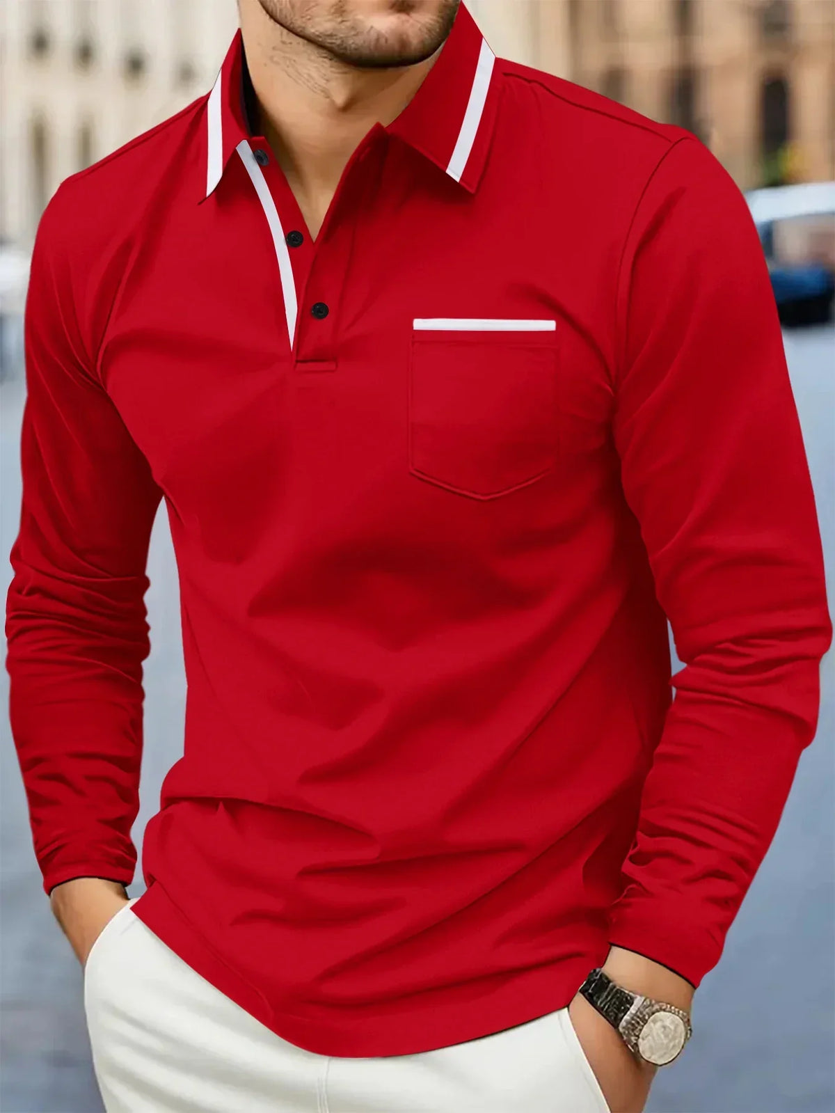 Polo Manches Longues à Col Contrastant pour Homme