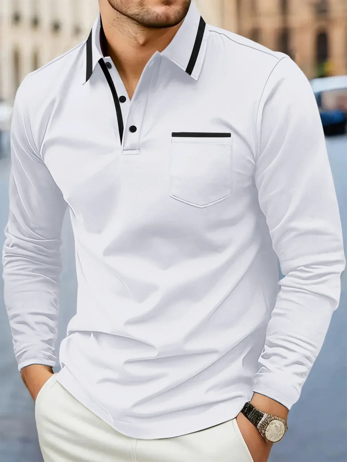 Polo Manches Longues à Col Contrastant pour Homme