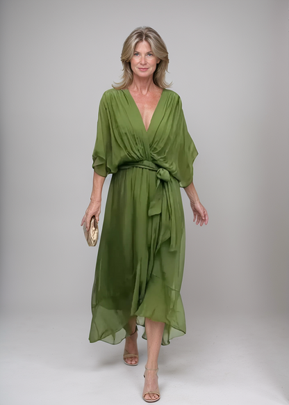 Robe Midi Portefeuille en Mousseline à Col V pour Femme