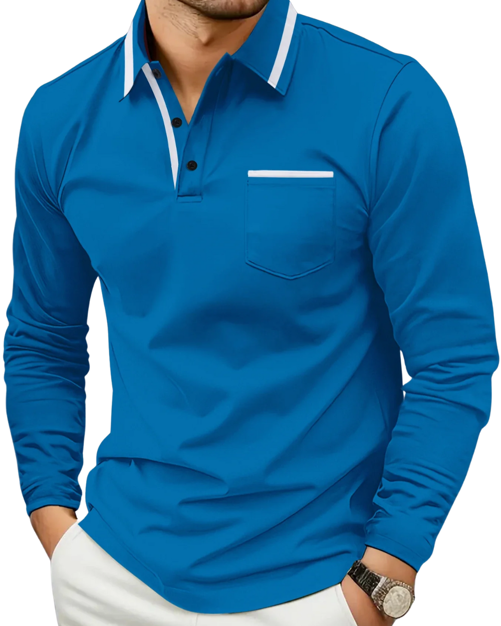 Polo Manches Longues à Col Contrastant pour Homme