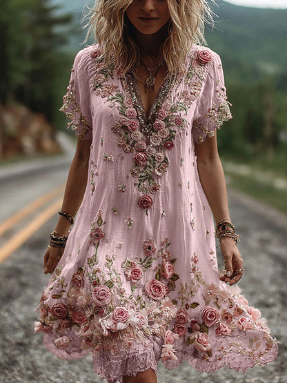 Robe à Col V et Broderie Florale pour Femme