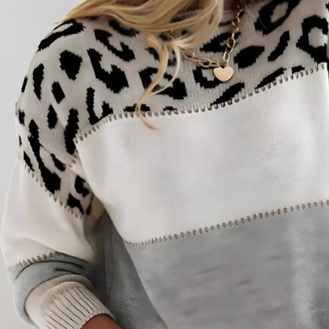 Pull en Maille à Imprimé Léopard Bicolore pour Femme