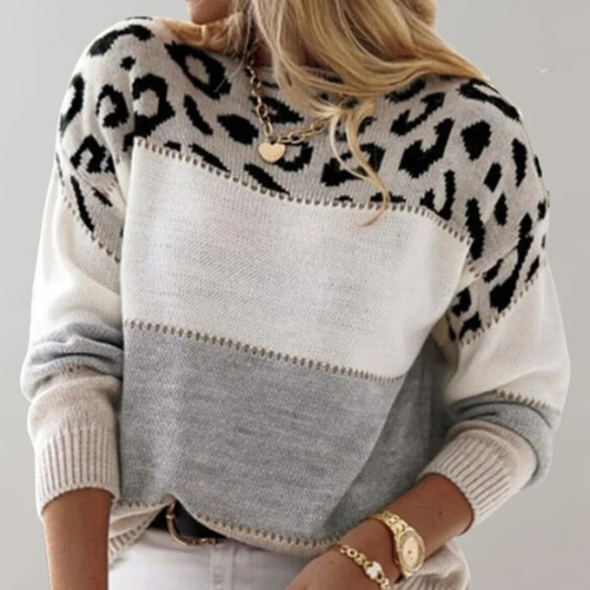 Pull en Maille à Imprimé Léopard Bicolore pour Femme