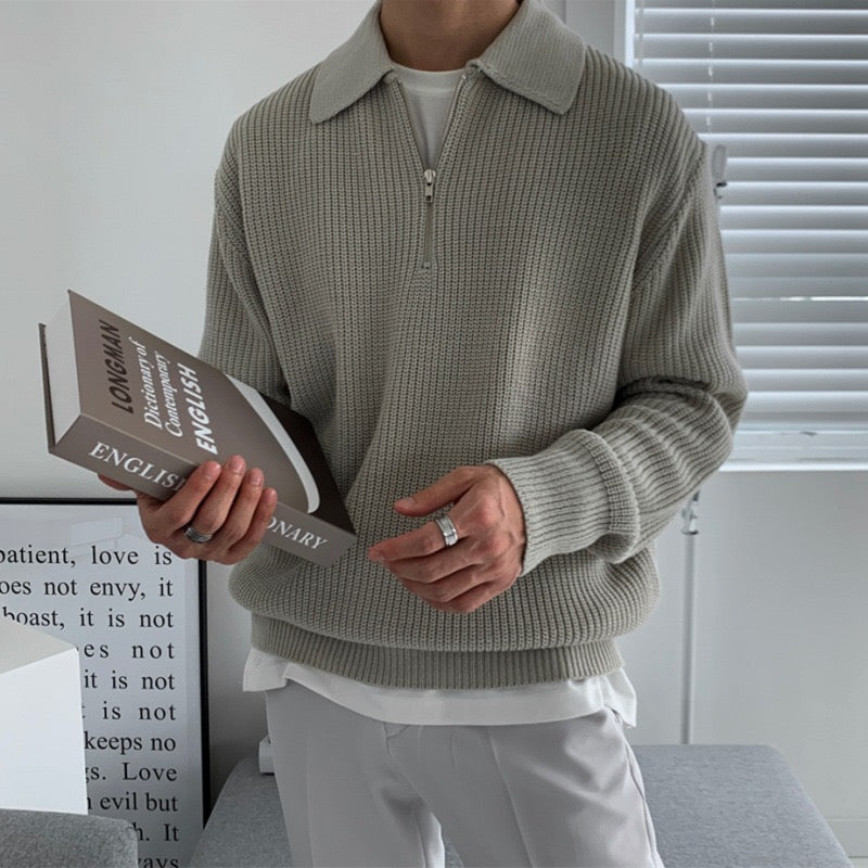 Pull Demi-Zip en Maille Gaufrée à Col Polo pour Homme