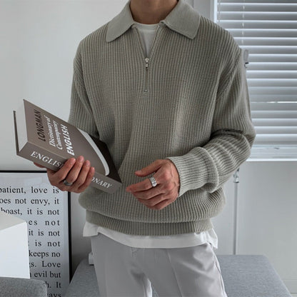 Pull Demi-Zip en Maille Gaufrée à Col Polo pour Homme