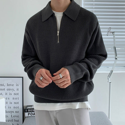 Pull Demi-Zip en Maille Gaufrée à Col Polo pour Homme