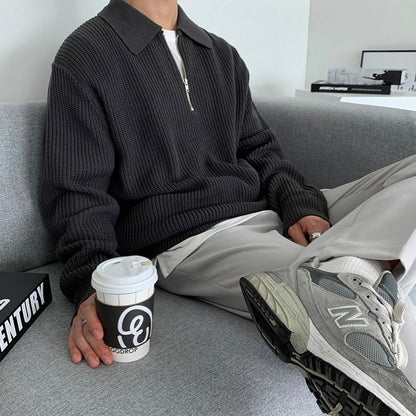 Pull Demi-Zip en Maille Gaufrée à Col Polo pour Homme