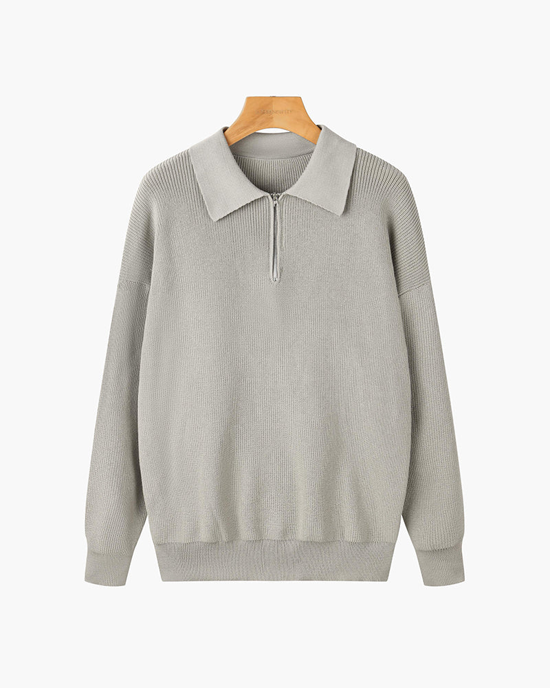 Pull Demi-Zip en Maille Gaufrée à Col Polo pour Homme