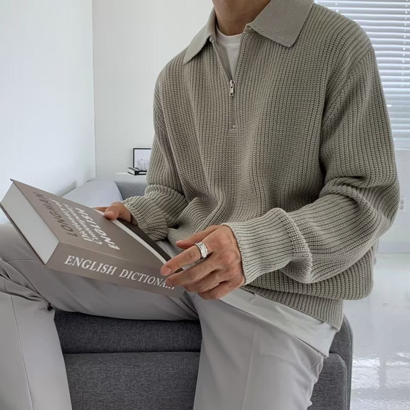 Pull Demi-Zip en Maille Gaufrée à Col Polo pour Homme