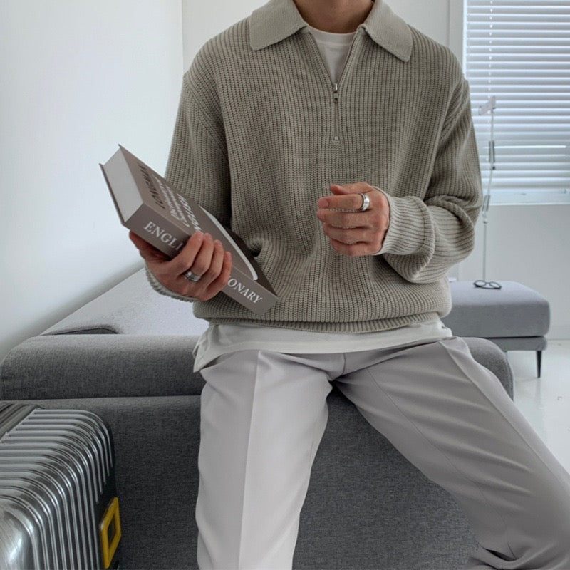 Pull Demi-Zip en Maille Gaufrée à Col Polo pour Homme