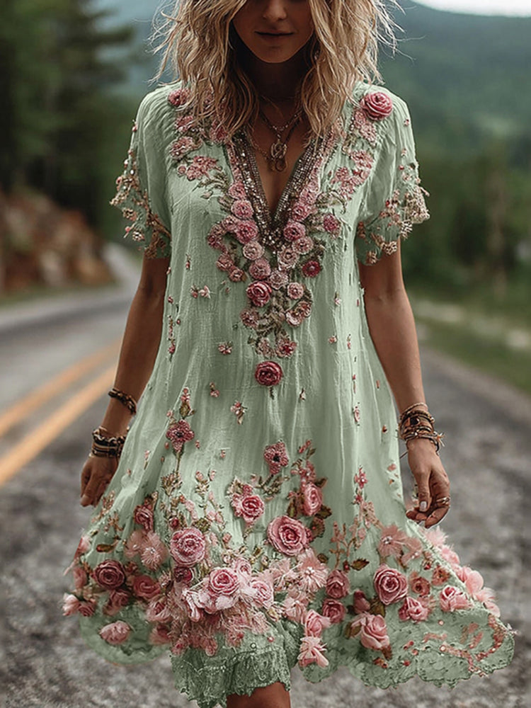 Robe à Col V et Broderie Florale pour Femme