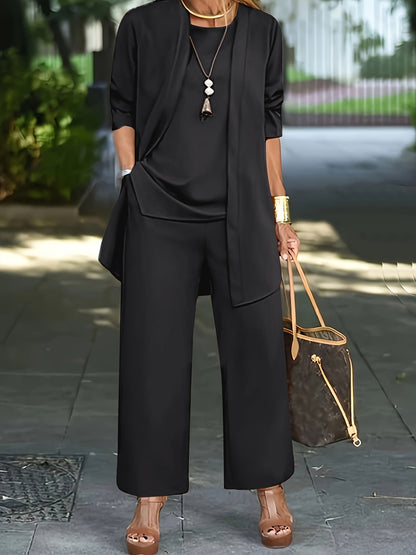 Ensemble Trois Pièces à Veste Ouverte et Pantalon Large pour Femme