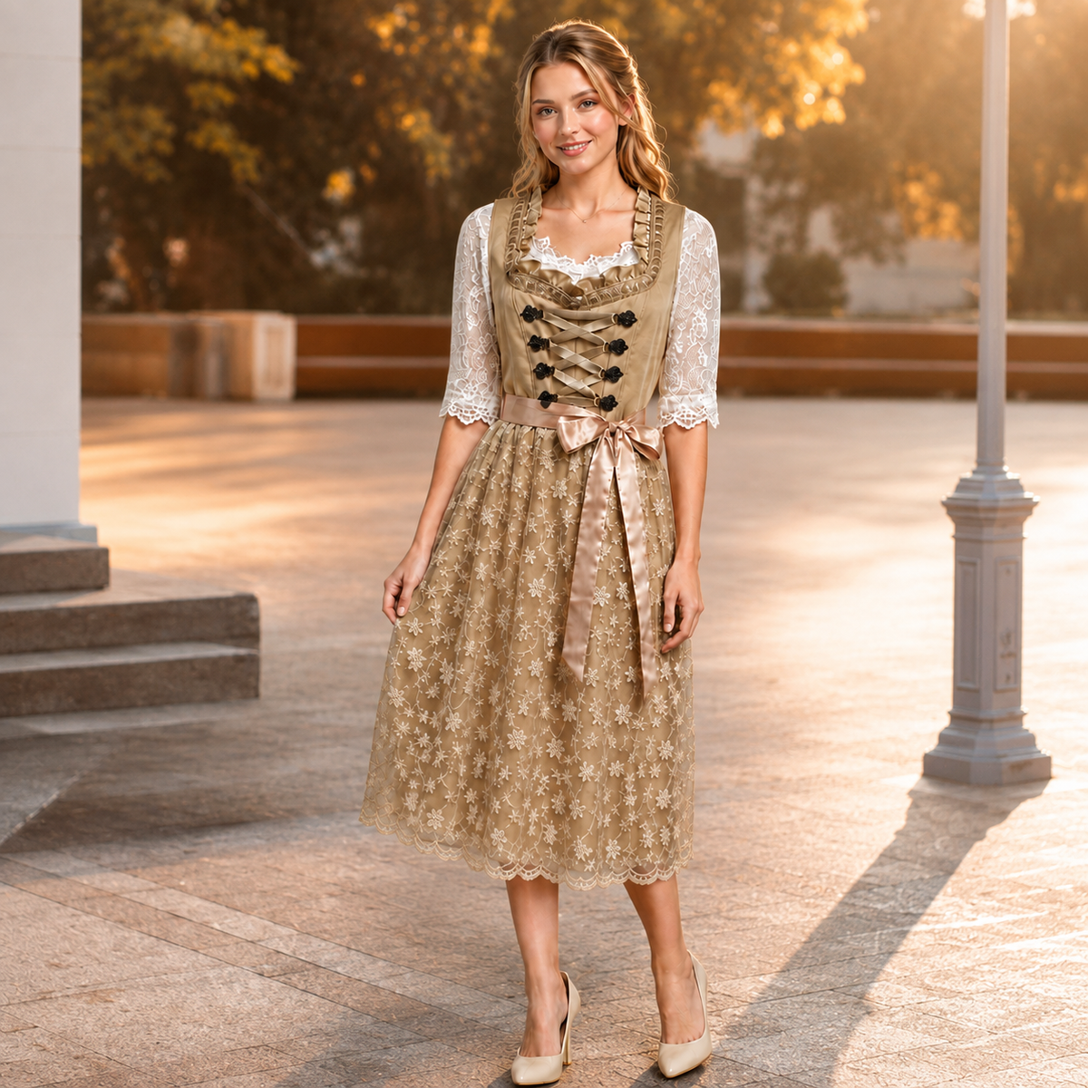 Dirndl en Dentelle à Nœud en Beige pour Femme