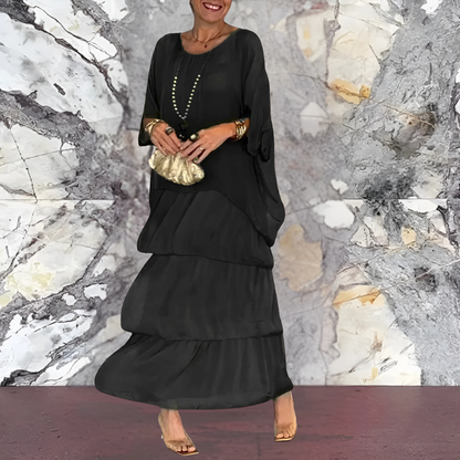 Robe Longue à Manches Chauve-Souris et Col Rond pour Femme