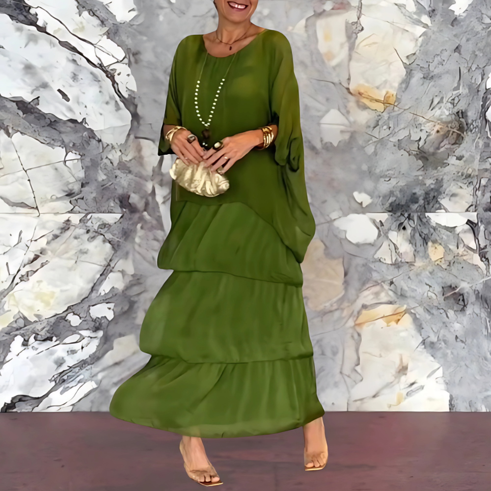 Robe Longue à Manches Chauve-Souris et Col Rond pour Femme