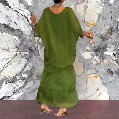 Robe Longue à Manches Chauve-Souris et Col Rond pour Femme