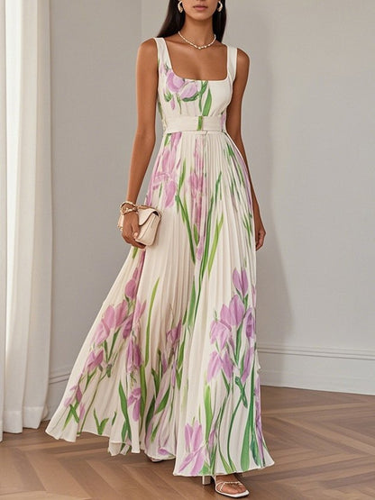 Robe Maxi Fleurie à Détails Plissés pour Femme