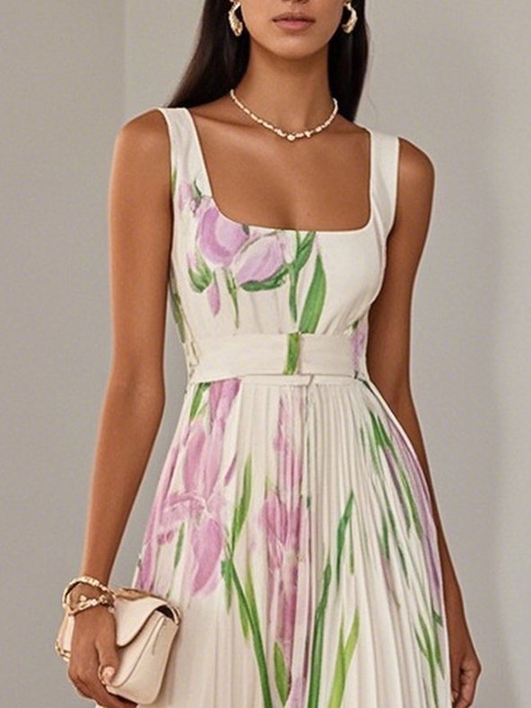 Robe Maxi Fleurie à Détails Plissés pour Femme